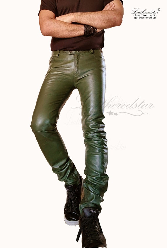 OLIVE GREEN Color Leather Skinny Skintight Leather Jeans, Pant, Goth,  Street, Causal Wear 