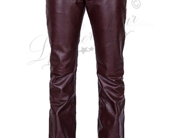 Burgundy leather slimfit soft leather jeans pant 501 style fits over boots, classic, causal wear, very well made