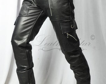 Black Sheepskin Leather Cargo Pants, Zipper Pockets, Metal Hardware, Motorcycle Style
