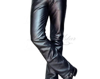 Black leather slimfit leather jeans pant 501 style fits over boots, classic causal, rodeo, cowboy cut, western, original product