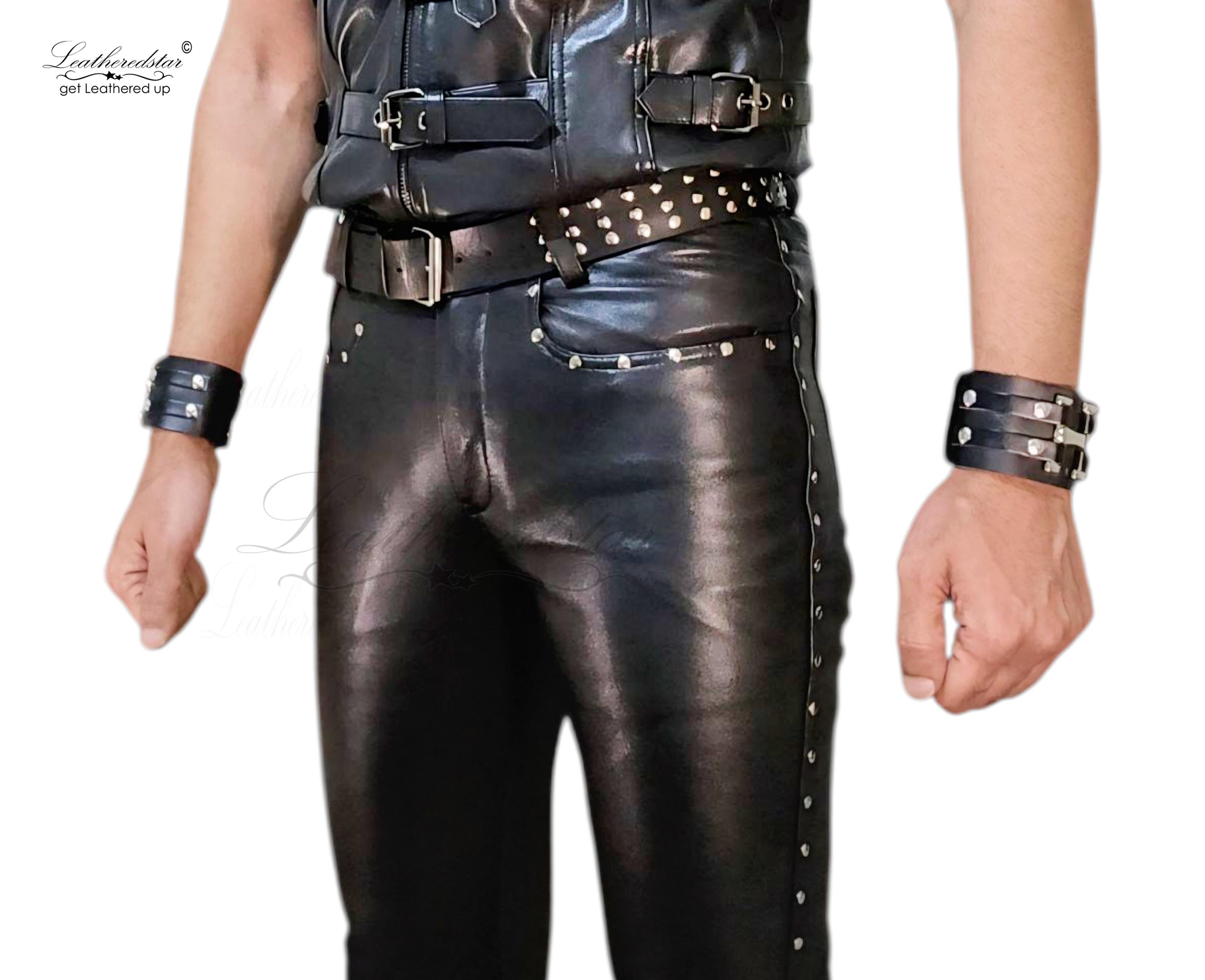 Black Leather Skintight Skinny Leather Jeans With Shiny Metal