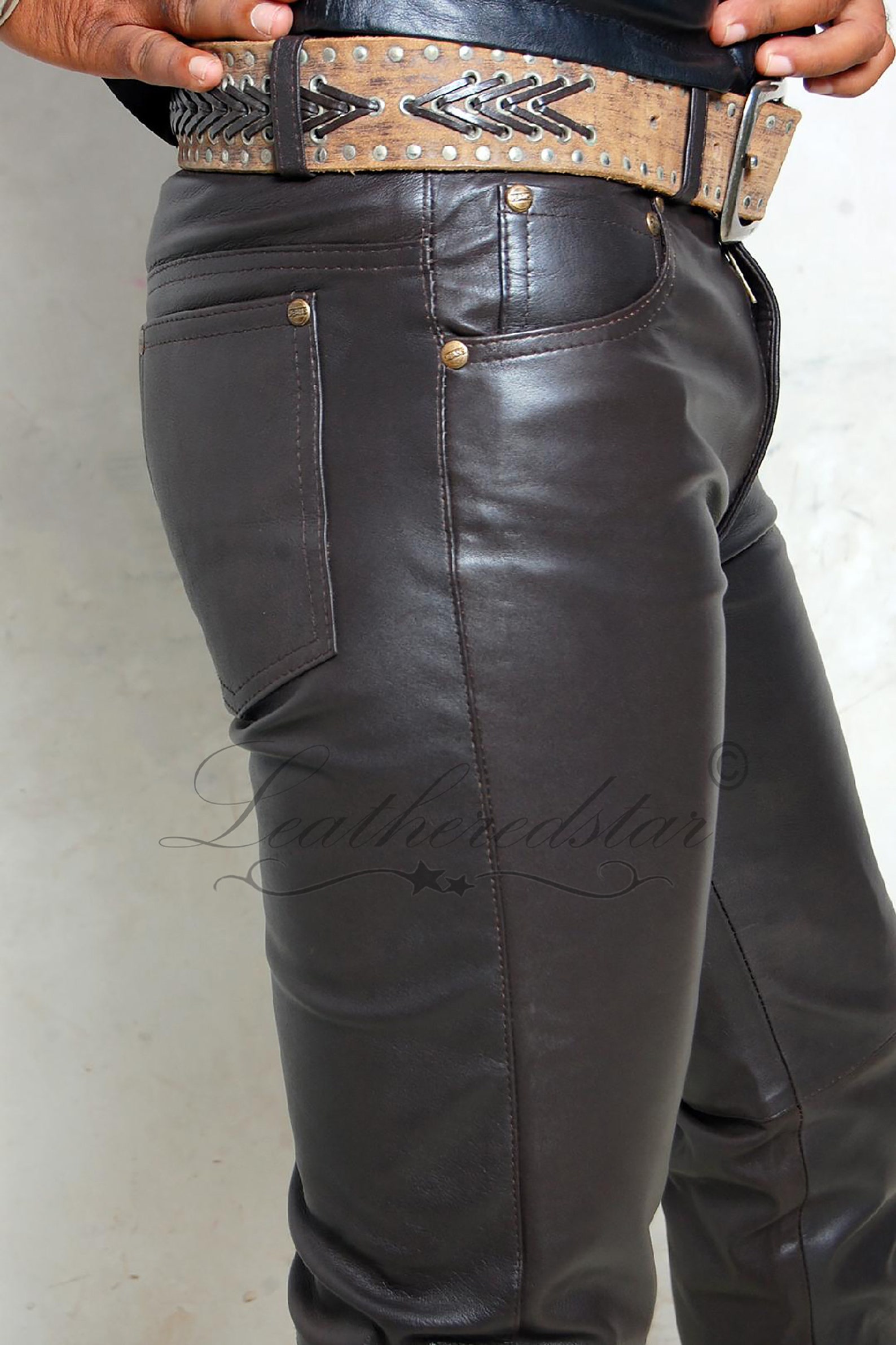 Dark Brown Leather Slimfit Soft Leather Jeans Pant 501 Style Fits Over