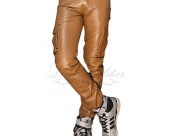 Camel Beige color cargo pant multi pockets, studs, made in soft sheepskin leather, light weight