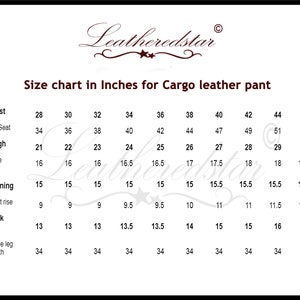 May include: Size chart in inches for cargo leather pants. The chart shows measurements for waist, hip, thigh, knee, leg opening, front rise, back rise, and inside leg length. Sizes range from 28 to 46 inches.