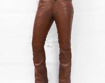 Chikoo Brown leather jeans pant slimfit soft leather fits like 501, fits over boots , classic, causal wear, well made