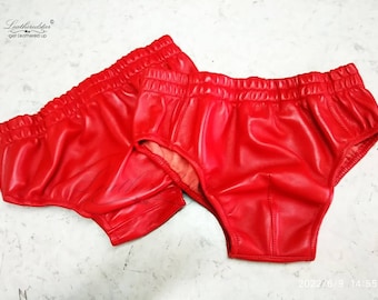 Red Leather Briefs: Breathable Soft Sheepskin Underwear (Pair of 2)