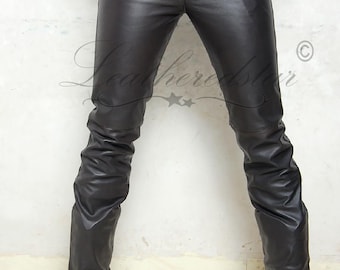 Dark Brown leather slimfit soft leather jeans pant 501 style fits over boots, classic, causal wear, well made