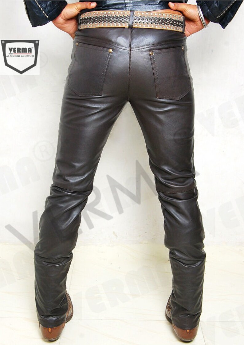 classic causal original product Dark Brown leather slimfit leather jeans pant 501 style fits over boots
