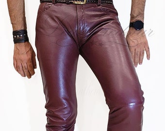Burgundy color leather skinny pipes drainpipe skintight leather jeans pant, street, causal wear