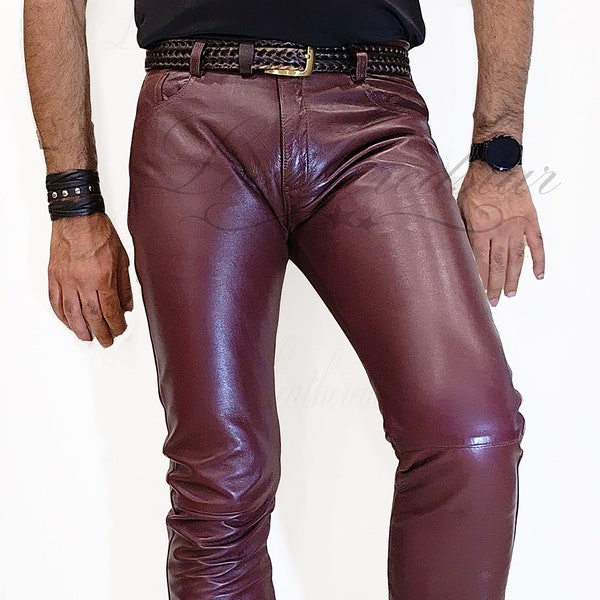 Burgundy color leather skinny pipes drainpipe skintight leather jeans pant, goth, street, causal wear