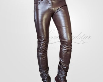 Dark Walnut color leather skinny skintight leather jeans, pant, streetwear, causal wear