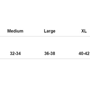 May include: Size chart showing waist sizes for different clothing sizes.  Sizes include S, Medium, Large, XL, 2XL, and 3XL.  Waist sizes range from 28-30 inches to 48-50 inches.