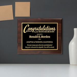 Personalized 8 x 10&quot; Retirement Plaque For Men or Women - Offered in a Variety of Materials Including Glass and Wood