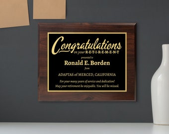 Personalized 8 x 10&quot; Retirement Plaque For Men or Women - Offered in a Variety of Materials Including Glass and Wood