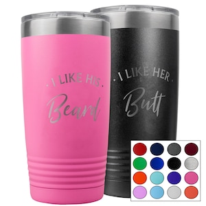 I like his and her coffee travel tumbler set - Personalized with your favorite attribute about your partner - Set of 2