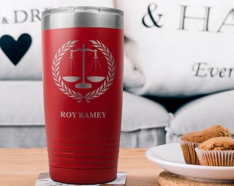 Personalized Coffee Tumbler with Scales of Justice - Great for Lawyers, Attorneys, Judges, Law Clerks, Legal Students, Paralegals and more!