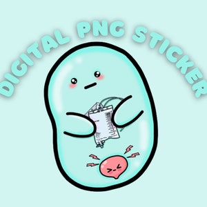 Könnte beinhalten: Ein digitaler Sticker mit einer blauen Blob-Figur, die eine Infusionstasche und ein rotes Herz mit einem Blitz hält. Der Text "DIGITAL PNG STICKER" ist um die Figur herum geschrieben.