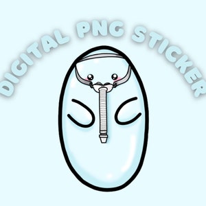 Puede incluir: Una pegatina digital PNG con un huevo azul de dibujos animados que lleva una máscara de oxígeno blanca con un tubo gris. El texto "DIGITAL PNG STICKER" está escrito en un arco curvo alrededor del huevo.