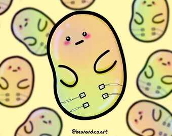 May include: A cartoon illustration of a yellow potato with a cute face and a black outline. The potato has a light green glow and is decorated with black lines and dots. The text "@beanandco.art" is at the bottom of the image.