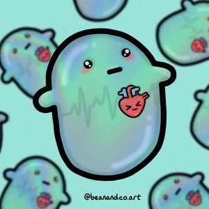 May include: A blue, iridescent cartoon ghost with a heart in its chest. The heart is red and has a frowning face. The ghost has a black outline and a light blue background.
