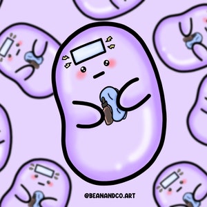 May include: A repeating pattern of cartoon-style purple bean characters with black outlines. Each bean has a digital display on its head, holding a blue cloth and a brown bottle. The text "@BEANANDCO.ART" is in the bottom right corner.