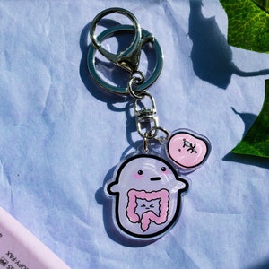 Gastrointestinal condition bean 1.5&quot; acrylic charm keyring/keychain- lobster hook clasp and mini spoonie bean charm- IBD/IBS/gastroparesis