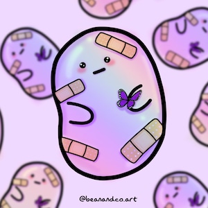 Pegatina holográfica/arcoíris con forma de frijol para fibromialgia: pegatina brillante de 5 cm: concienciación sobre enfermedades crónicas