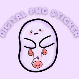 Może przedstawiać: Cyfrowa naklejka PNG przedstawiająca fioletową postać w kształcie fasoli z uroczą buzią. Postać ma dwa czerwone, nerkowate organy z twarzami w środku, połączone z czerwonym organem z twarzą na dole.