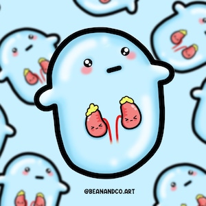 May include: A light blue cartoon ghost with a surprised expression. The ghost has two red, cartoon hearts with yellow tops and angry expressions. The ghost is surrounded by other light blue ghosts with different expressions. The text "@BEANANDCO.ART" is at the bottom of the image.
