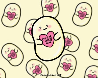 Könnte beinhalten: Eine Cartoon-Bohne mit einem rosa Herz, auf dem "invisible illness bean" steht. Die Bohne ist umgeben von anderen Bohnen mit Herzen, auf denen "invisible illness bean" steht.