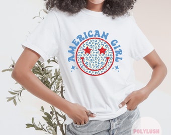 アメリカンガール チーター スマイリー DTF 転写、プレス準備完了、熱転写、かわいい DTF 転写、T シャツ転写、トレンディな転写、DTF