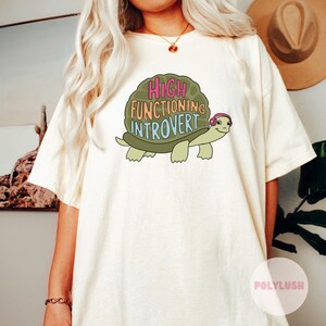 May include: A white t-shirt with a green turtle wearing headphones and the text "High Functioning Introvert".