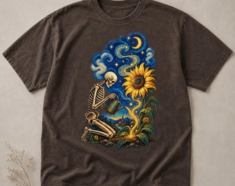 Midnight Gardener Skeleton Shirt, Van Gogh Inspired Sunflower Art, Comfort Colors Gothic T-Shirt
