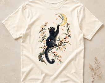 Moon Thief Black Cat Shirt, Almond Blossom Inspired Art, Comfort Colors Floral Cat T-Shirt