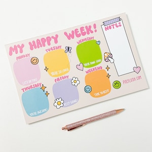May include: A colorful weekly planner with a pink, yellow, green, blue, and purple color scheme. The planner has a section for each day of the week, with motivational phrases like "You're so loved" and "Keep going!" The planner also has a notes section and a website address: "POLYLUSH.COM".