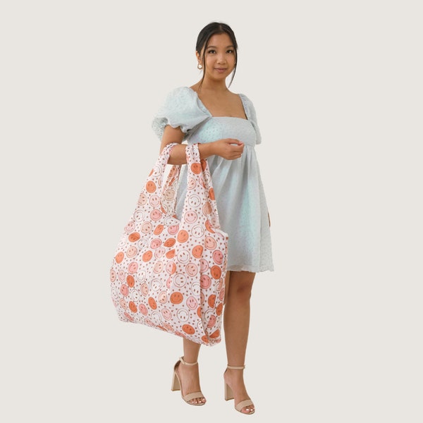 Large Maple Smile Reusable Bag, Foldable Shopping Bag, Cute Shipping Bag, Grocery Tote Bag, Small Business Owner Tote, Big Reusable Bag