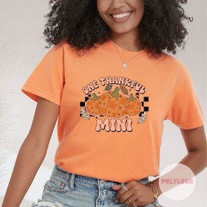 Könnte beinhalten: Orangefarbenes T-Shirt mit dem Text "ONE THANKFUL MINI" und einer Grafik von drei Kürbissen. Die Kürbisse sind orange mit Stern- und Blattdetails. Das Shirt hat ein Retro-Design zum Thema Herbst.