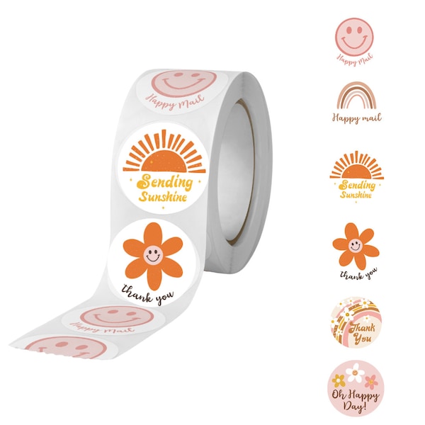 2" Fun Roll Thank You Stickers,Small Business Stickers,Round Thank You Stickers,Happy Face Stickers,Mix Sticker Designs, Groovy Stickers