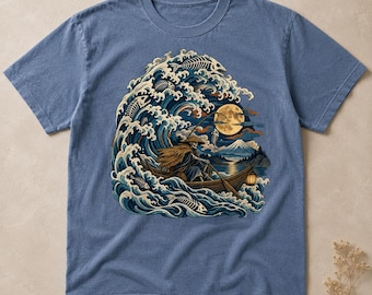 Skeleton Fisherman Japanese Wave Shirt, Ukiyo-e Inspired Comfort Colors Gothic Ocean Tee
