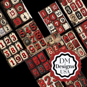 May include: A collection of vintage-style number tags in red, black, and cream. The tags feature various numbers and decorative elements, with the text "DM Designs USA" on a red and white emblem. The tags are arranged against a black background.