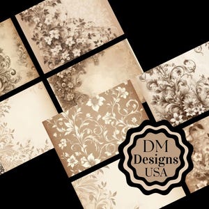 May include: A collection of vintage-style papers with floral and ornamental designs in shades of beige, brown, and cream. The papers feature various patterns, including flowers, swirls, and borders. The image includes a logo that says "DM Designs USA".