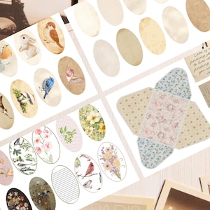 May include: A collection of printed paper ephemera featuring oval stickers with watercolor illustrations of birds, flowers, and botanical elements, alongside a floral patterned envelope template and a rectangular card with the text Love is not finding someone to live with, it's finding someone you can't live without.
