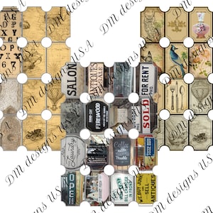 Könnte beinhalten: Eine Collage von Bildern im Vintage-Stil, darunter Karten, antike Schilder und Illustrationen. Die Bilder zeigen Texte wie "Antiquitäten", "Coffee" und "Zu vermieten". Die Farbpalette besteht hauptsächlich aus Sepiatönen mit Akzenten in Schwarz und Weiß.