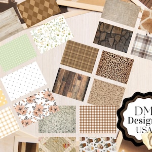 May include: A collection of 16 digital paper patterns in various colors and designs, including plaid, polka dots, floral, wood grain, and stone. The patterns are perfect for scrapbooking, card making, and other crafting projects. DM Designs USA is printed on the image.