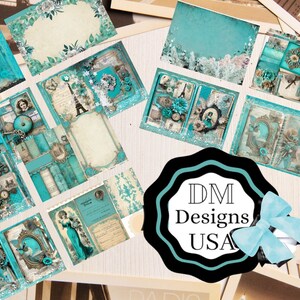 Junk-Journal Kit türkis Tagebuch Seiten Tags Ephemera mintgrün Papier Scrapbooking Paris Blumen Karten blauer Hintergrund