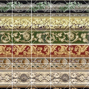 Puede incluir: Una colecci&oacute;n de bordes decorativos ornamentados con intrincados patrones florales y geom&eacute;tricos en oro, verde y blanco.