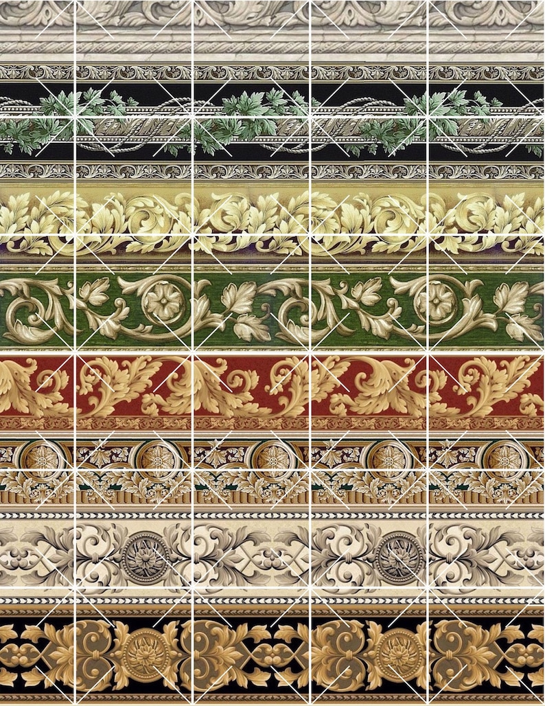 Puede incluir: Una colecci&oacute;n de bordes decorativos ornamentados con intrincados patrones florales y geom&eacute;tricos en oro, verde y blanco.