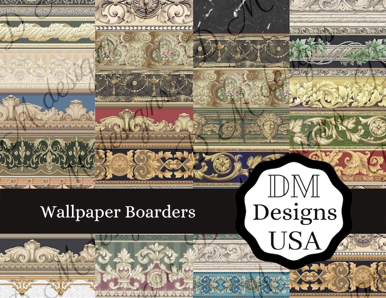 Puede incluir: Un collage de 16 diferentes bordes de papel tapiz con dise&ntilde;os ornamentados en oro, negro y verde. Los bordes est&aacute;n dispuestos en una cuadr&iacute;cula y presentan una variedad de motivos, incluyendo florales, geom&eacute;tricos y de volutas. El texto "Wallpaper Boarders" y "DM Designs USA" es visible en la parte inferior de la imagen.