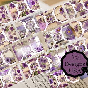 May include: Purple and white floral digital paper with vintage style frames and text. The paper is designed for scrapbooking, card making, and other paper crafts. The text on the paper says "DM Designs USA".