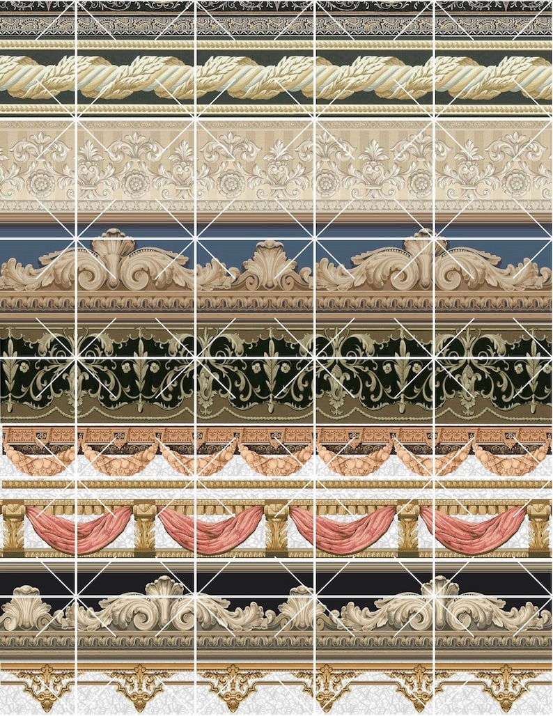 Puede incluir: Una colecci&oacute;n de bordes decorativos ornamentados en varios estilos y colores, incluyendo dorado, marr&oacute;n, blanco y azul. Los bordes presentan intrincados patrones florales, dise&ntilde;os de cuerda y volutas.